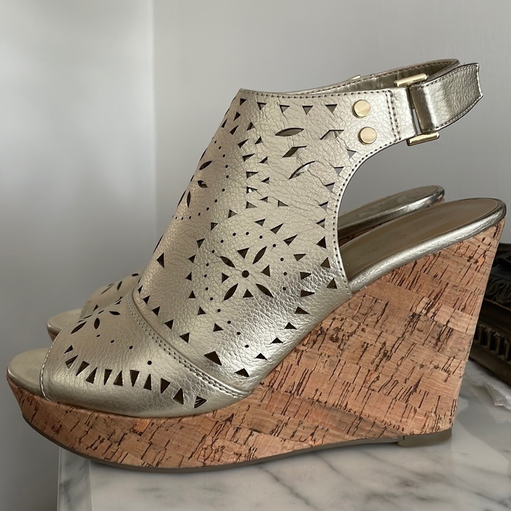 Gold leather wedge platforms Marc fisher